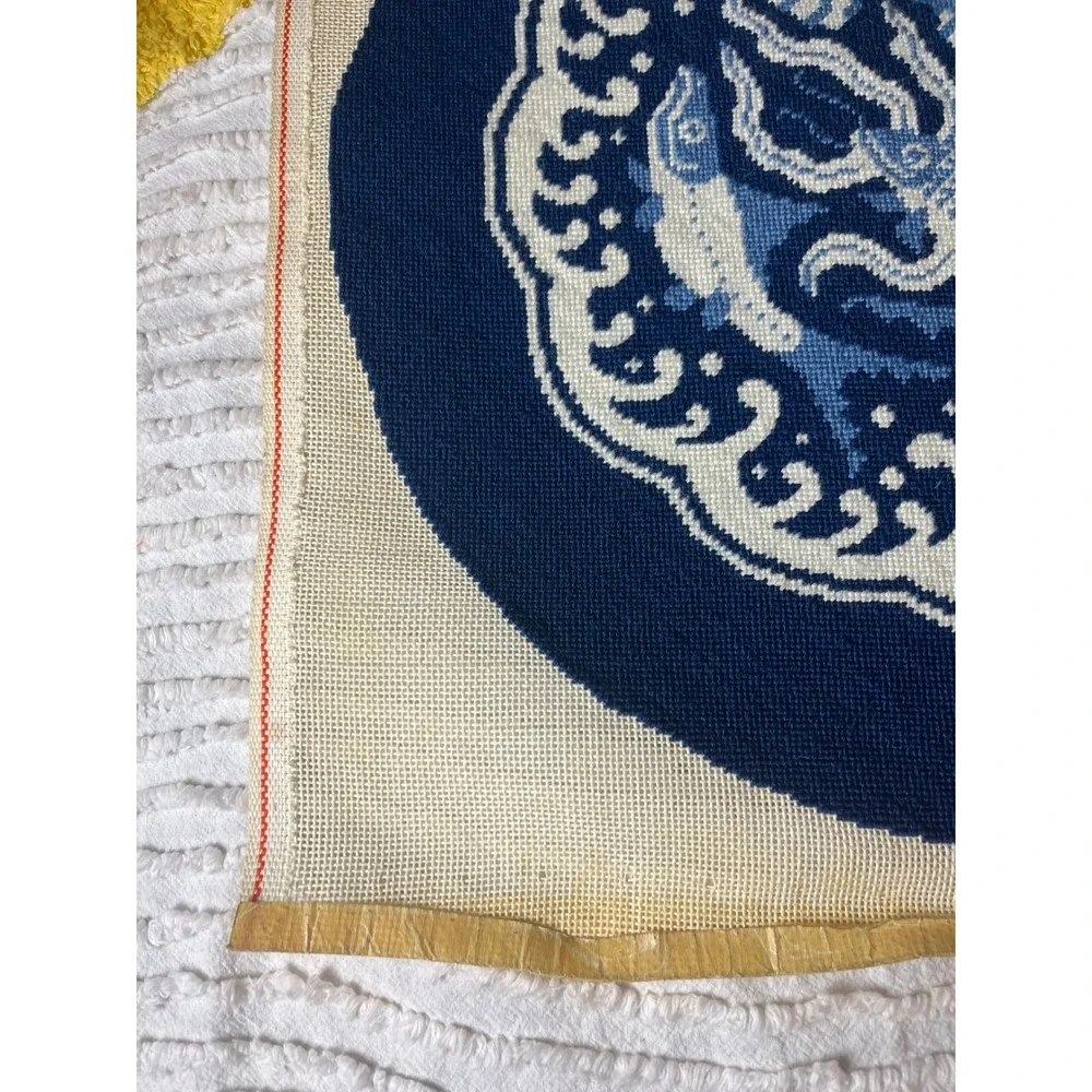 Vintage Hand Stitched Needlepoint Canvas Blue White Koi Fish Medallion